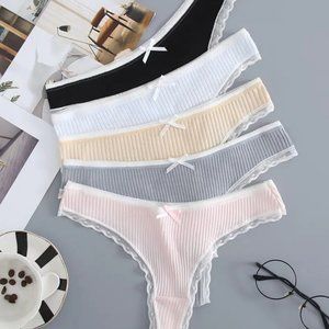 Bundle of  5 Solid Lace Trim Ribbed Low Waist Panties, Cute Everyday Briefs